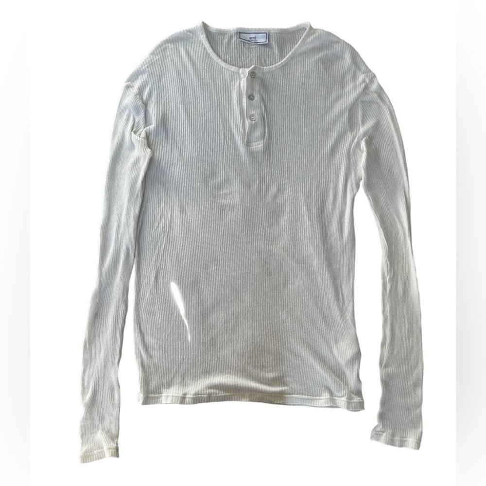 AMI Paris Alexandre Mattiussi Cotton Henley Long Sleeve Shirt in White size M/L